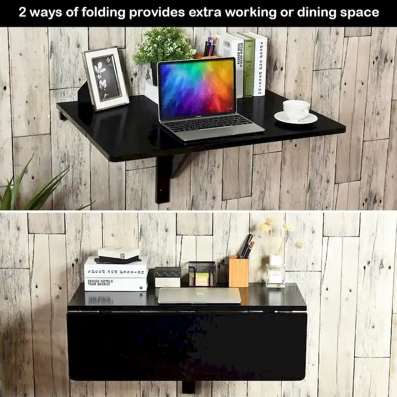 Gymax Wall-Mounted Drop-Leaf Table Floating Folding Desk Space Saver