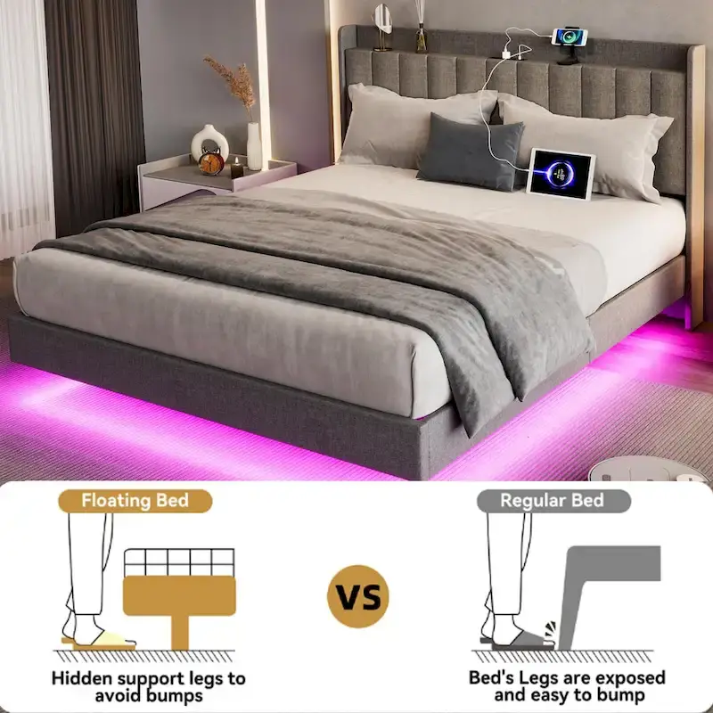 Modern Upholstered Floating Bed Frame with LED Lights