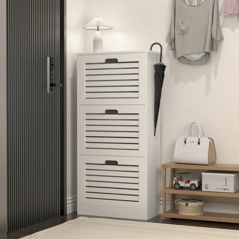 Wooden Shoe Cabinet for Entryway, White Shoe Storage Cabinet with 3 Flip Doors 20.94x9.45x43.11 inch