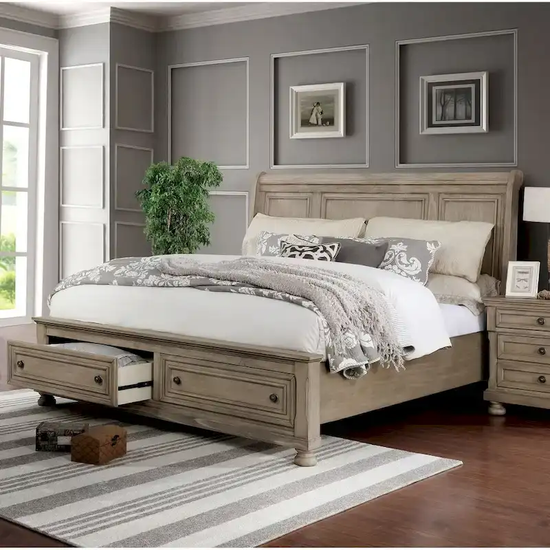 Rustic Grey Wood 2-Drawer Sleigh Bed