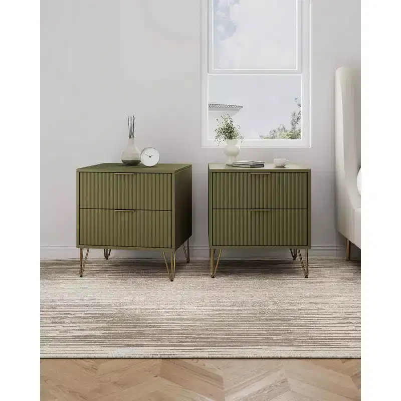 Manhattan Comfort Set of 2 Dumbo 2 Drawer Nightstands Olive Green
