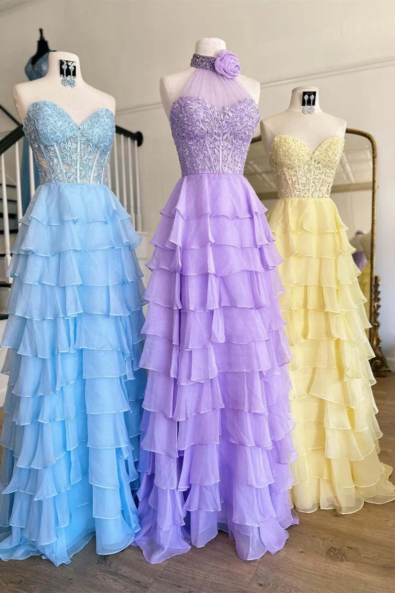 Royal Blue Chiffon Sweetheart Ruffle Tiered Long Prom Dress