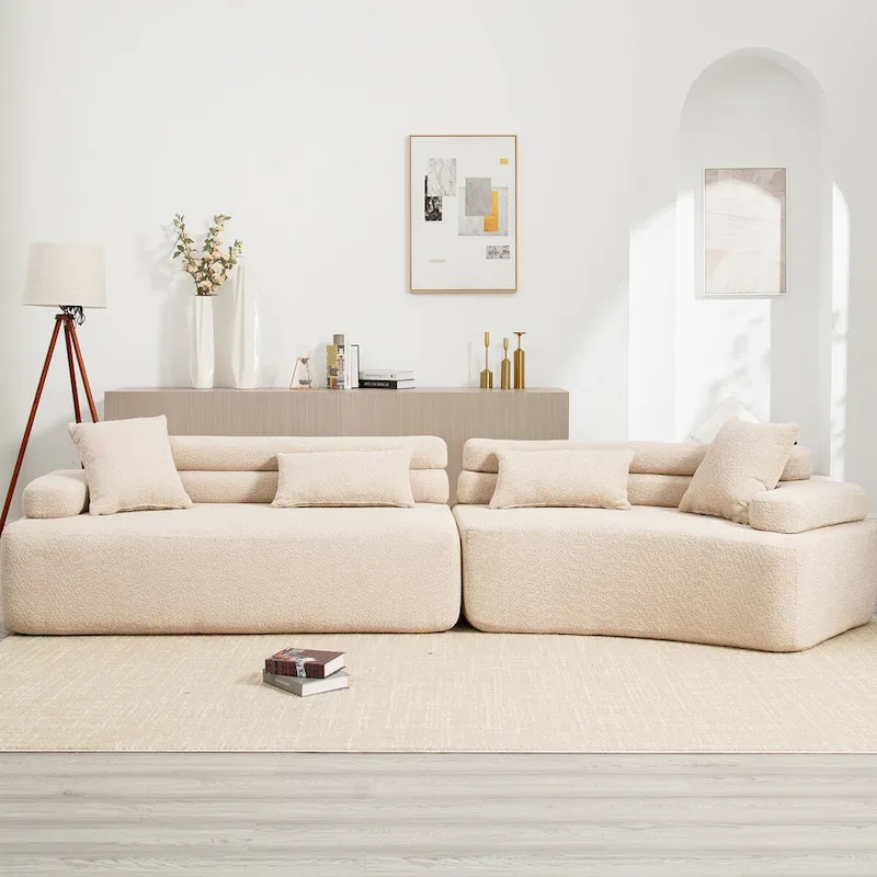 Modern Boucle 4-Seater Upholstered Sectional Sofa with 4 Pillows