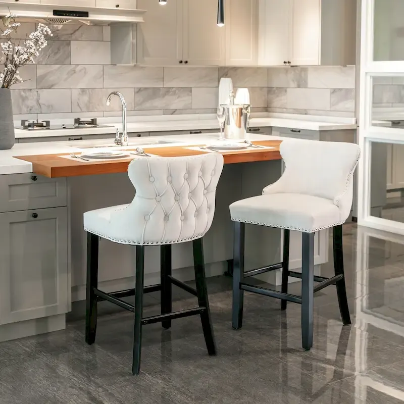 Velvet Wing-Back Barstools with Button Tufting – Set of 2