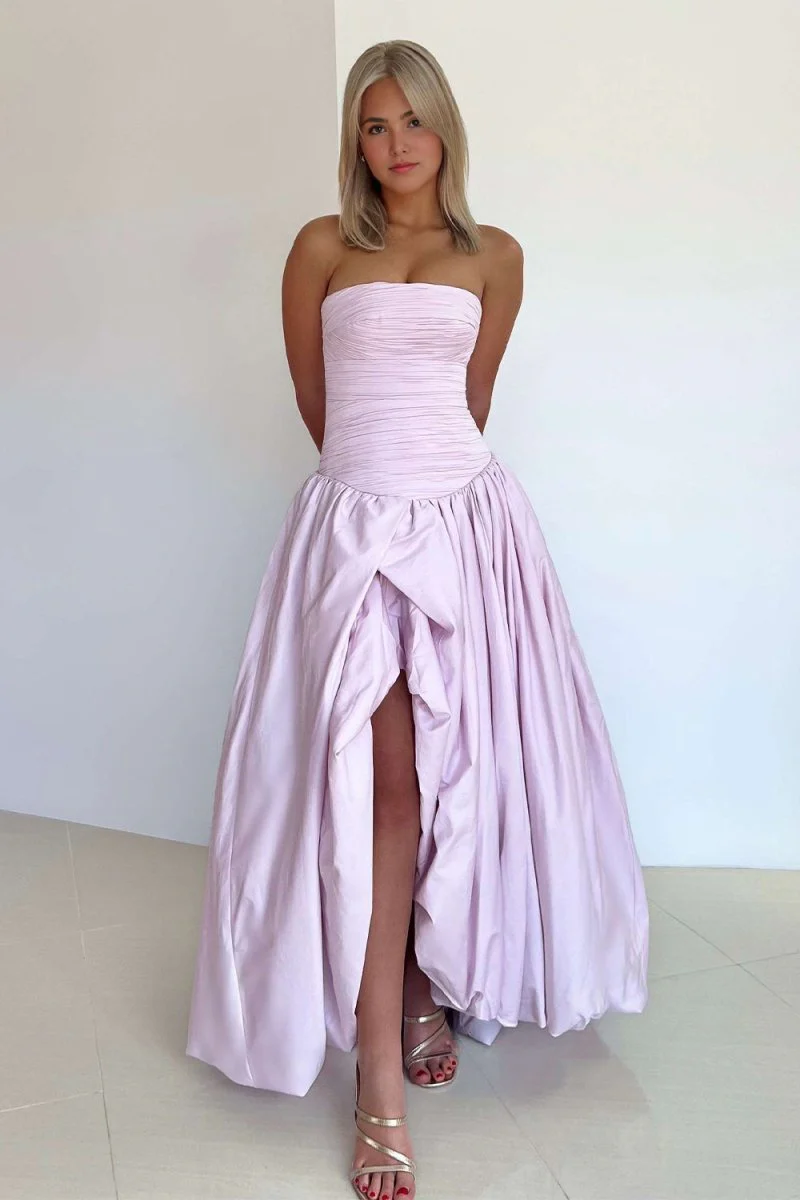 Pink - Strapless A Line Satin Pleated Prom Dresses With Slit