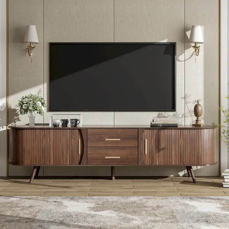 Dark Brown / Brown Mid-Century Modern TV Stand, 2-Person Assembly, Fits up to 80