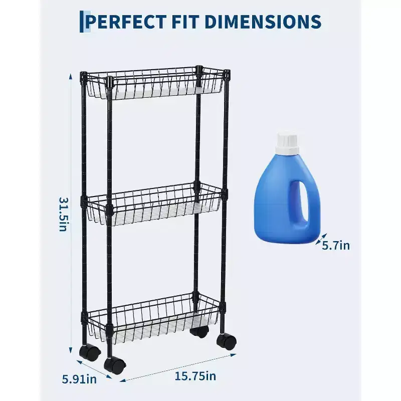 Slim 3-Tier/4-Tier Metal Rolling Storage Cart with Wheels & Baskets, Adjustable Space-Saving Organizer for Kitchen Office Bathroom Garage, Black