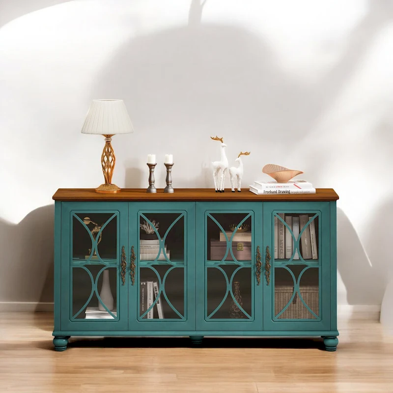 Elegant European Antique 4-Door Cabinet with Tempered Glass, Adjustable Shelves, Solid Wood Legs for Living Room, Dining Room