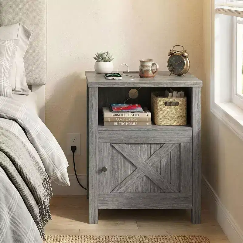 Rustic-Style Storage Nightstand with Built-in USB Port and Power Outlet; Features open shelving and closed cabinets, Bedside table with storage