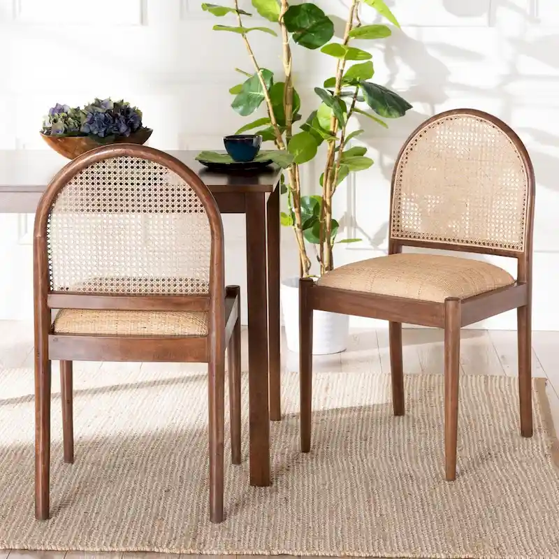 Maryland Modern Bohemian Natural Rattan and Acacia Wood 2-Piece Dining Chair Set