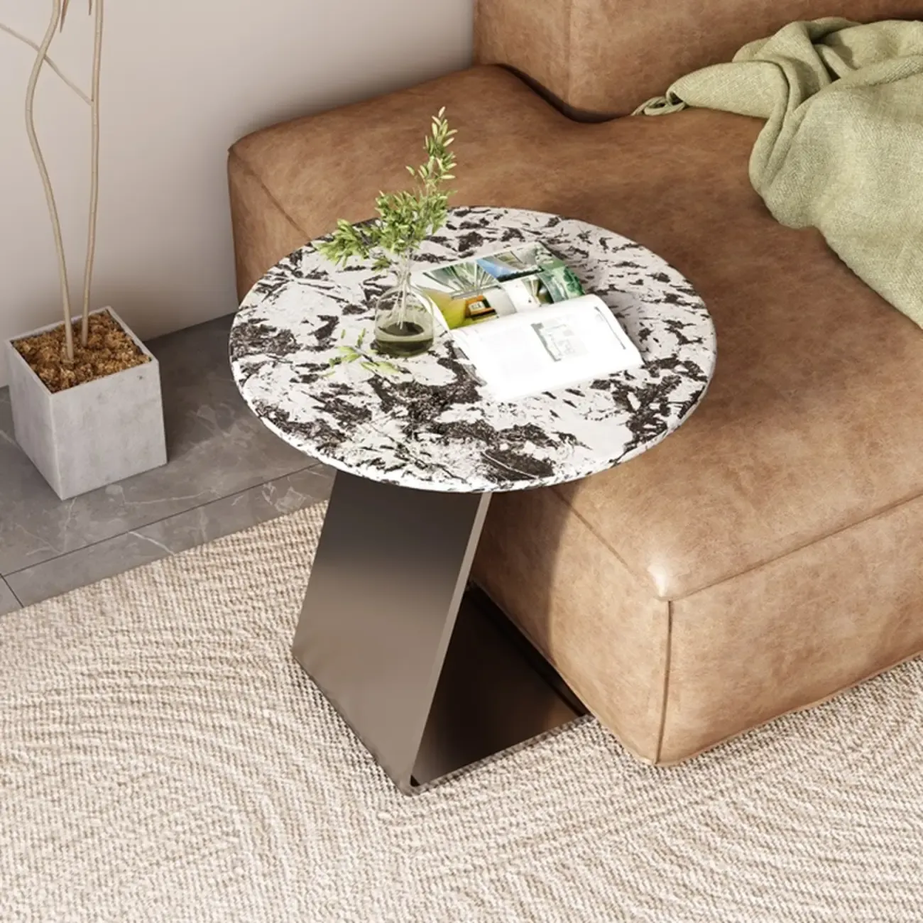Contemporary C Shaped Stone Stainless Steel Side Table