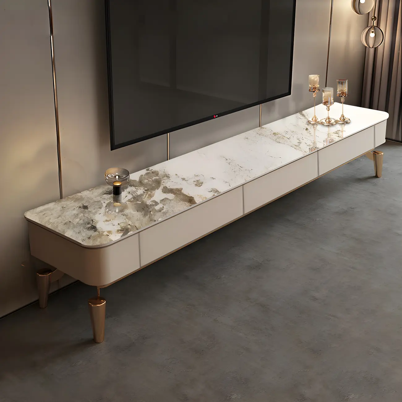 Luxury White Stone Top Gold Leg TV Stand with Storage