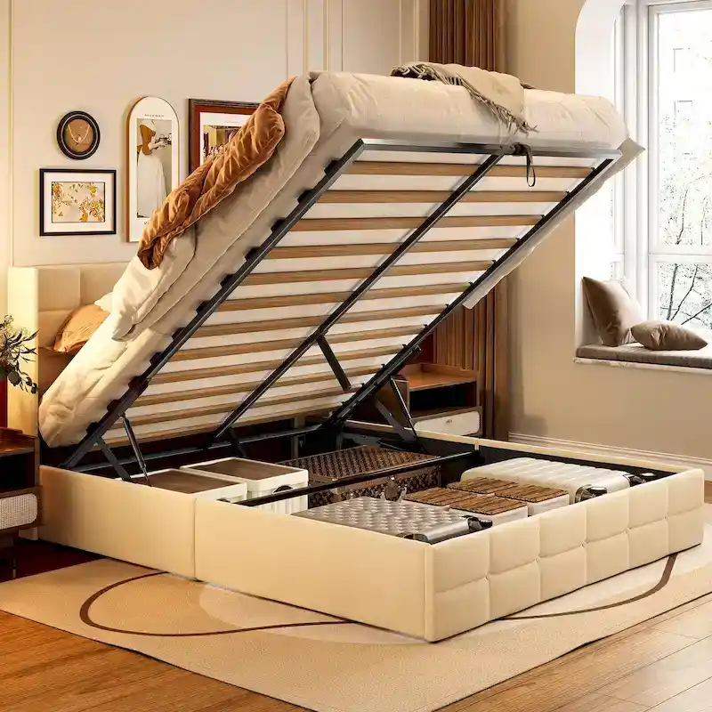 Beige/Grey Wingback Storage Bed Frame – Full/Queen, 2-Person