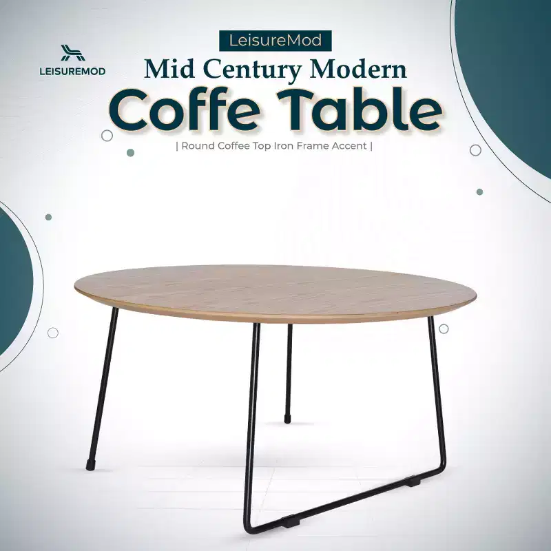 LeisureMod Pembroke Mid-Century Modern Round Coffee Table with Powder-Coated Iron Frame, Natural Wood Top