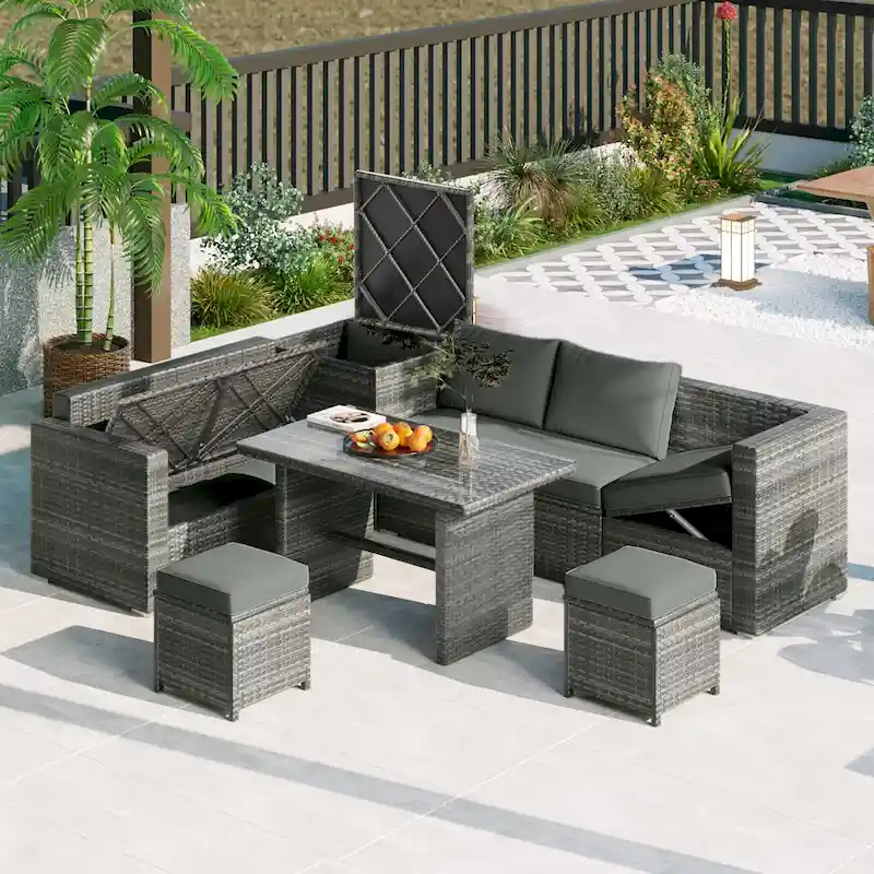6 Piece Outdoor Furniture Set, All Weather Patio Conversation Set, Rattan Sofa Set with Storage Box and Tempered Glass Table