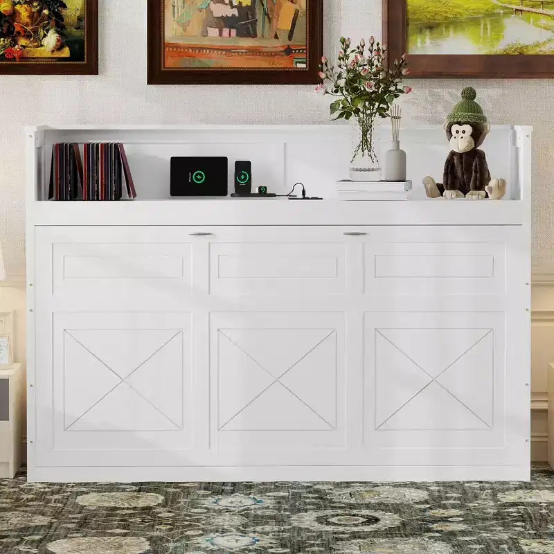 Twin XL Size Murphy Bed Wall Bed Frame, Wood Cabinet Bed with Built-in Desk, LED Light and USB Charging Station, White -ModernLuxe