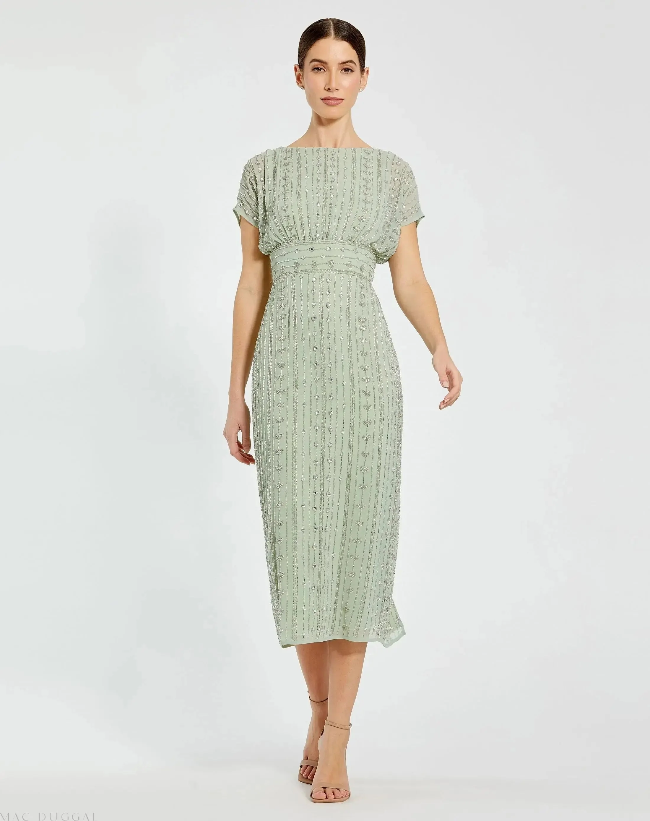Green Beaded Cap Sleeve Empire Waist Sheath Midi Dress