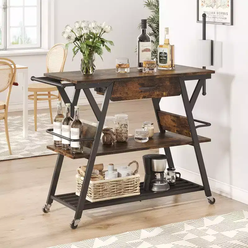 Rustic Brown / Vintage Dark Grey Rolling Kitchen Cart with 3-Tier Shelf, Lockable Wheels