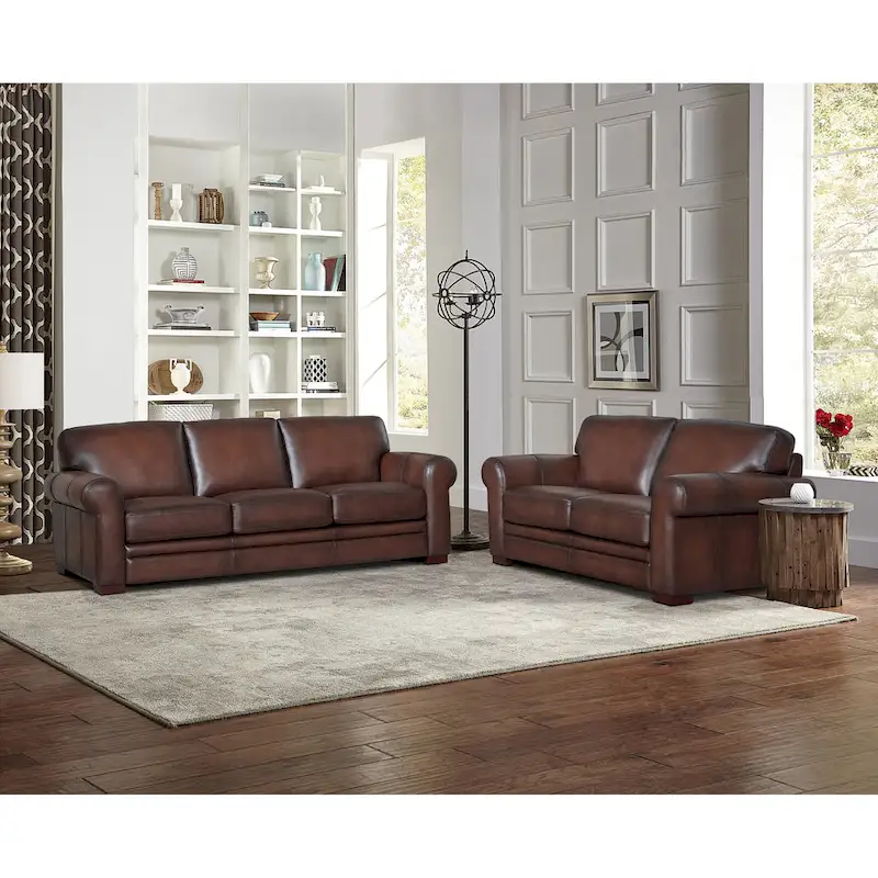 Brown Top Grain Leather Sofa with Track Arms