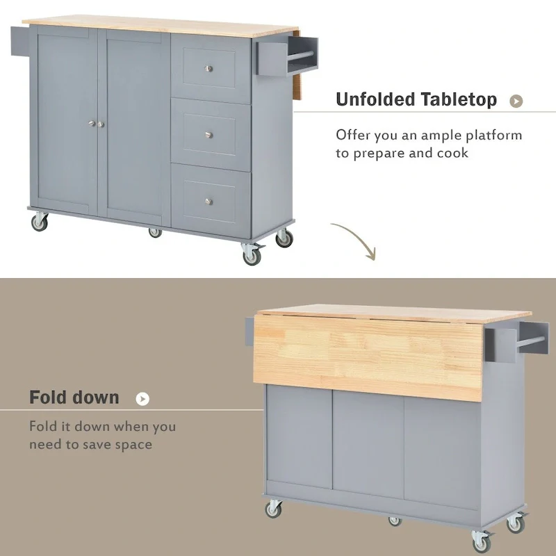 52.7 Rolling Mobile Kitchen Island with Solid Wood Top