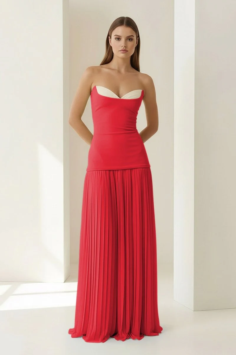 Blue Strapless Sheath Chiffon Pleated Long Prom Dresses