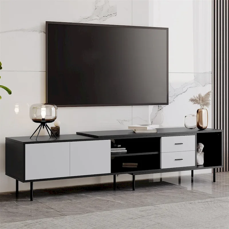 Grey & Black 70.8 in TV Stand with 2 Door Cabinets and 3 Open Shelves – Fits TVs up to 80 in