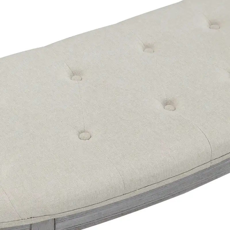 Coastal Tufted Beige Upholstered Wood Leg Bench