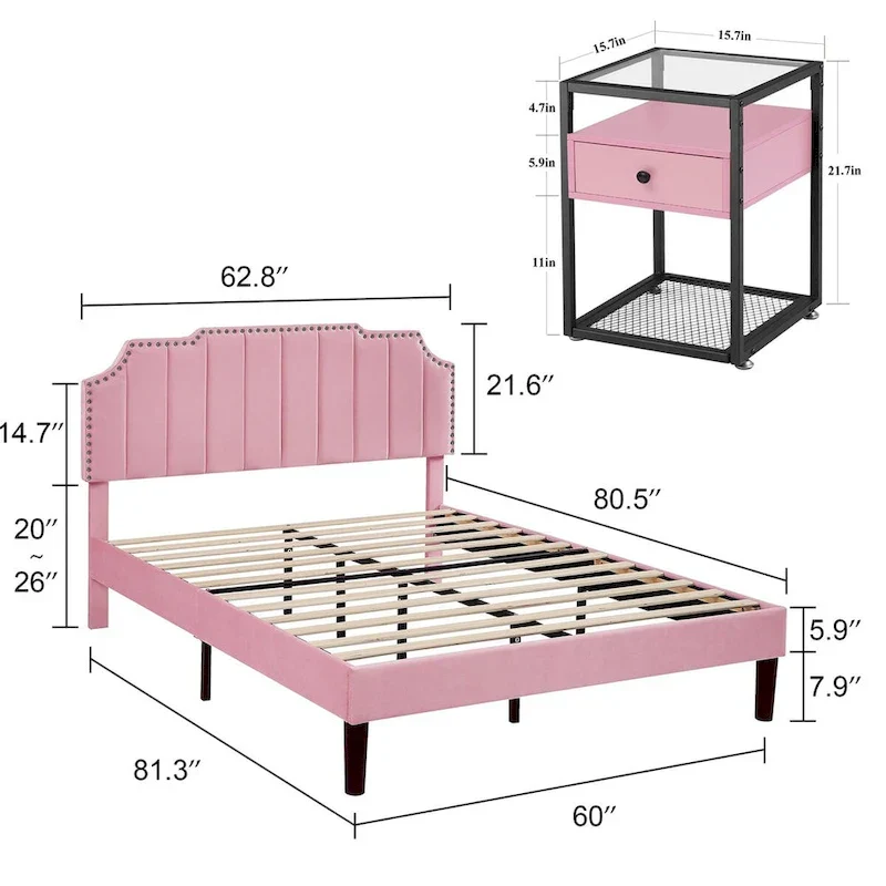 Bedroom Sets, 15 Style Options, 3-pieces Bedroom Set with Height Adjustable Upholstered Bed and Nightstands Set of 2-VECELO