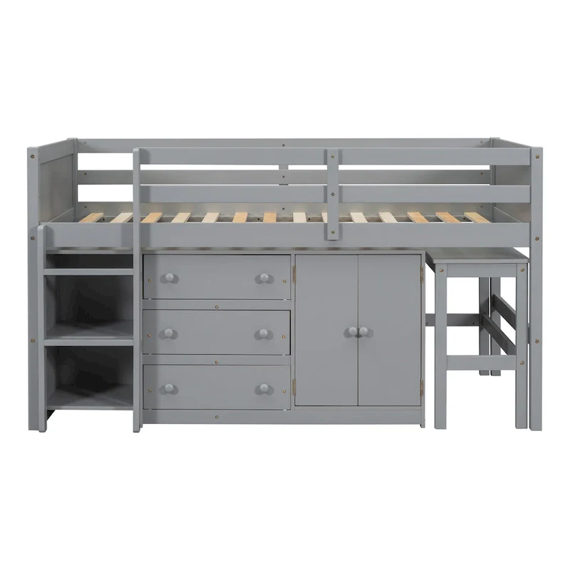 Grey Twin Wood Low Loft Bed with Pull-Out Desk & Drawers