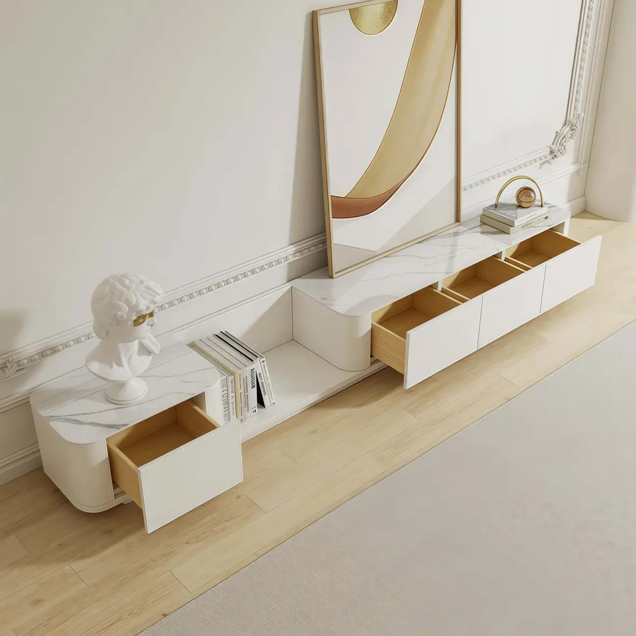 Extendable Modern Wooden White TV cabinet with Drawers