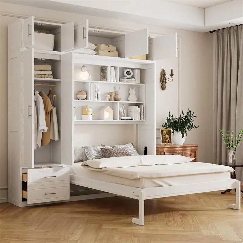 Grey, Wall-Folding Murphy Bed with Wardrobe & Storage, Queen, Sleeps 1–2