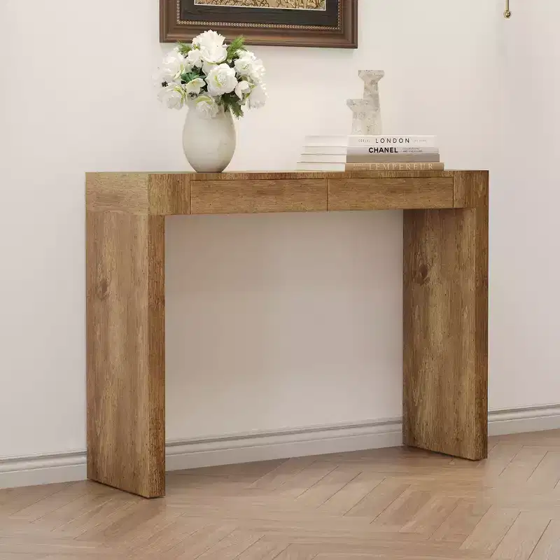Okak Elegant Wood Grain Texture Veneer Console Table with 2 Drawers,Farmhouse Sofa Table Bar Table for Living Room,Hallway