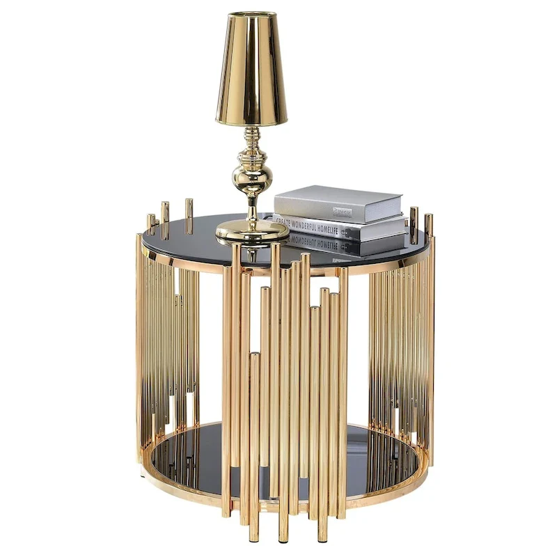 Modern Metal and Glass End Table with Tubing Design, Black and Gold