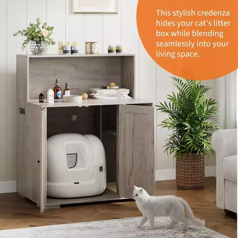 DobleePy Large Cat Litter Box Enclosure with Scratch Pad, Dog-Proof Cabinet for Self-Cleaning Litter Boxes, Living Room Furniture