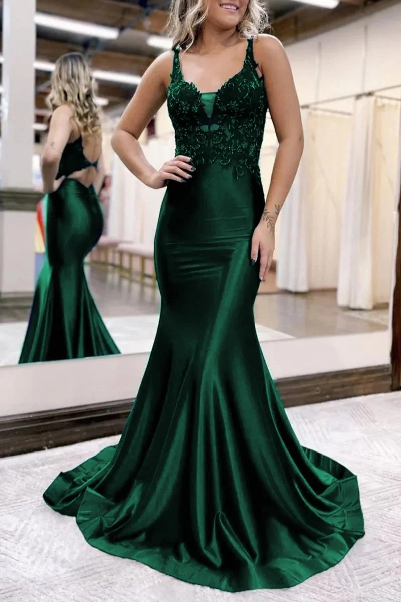 Mermaid Deep V Neck Satin Long Prom Dress with Appliques