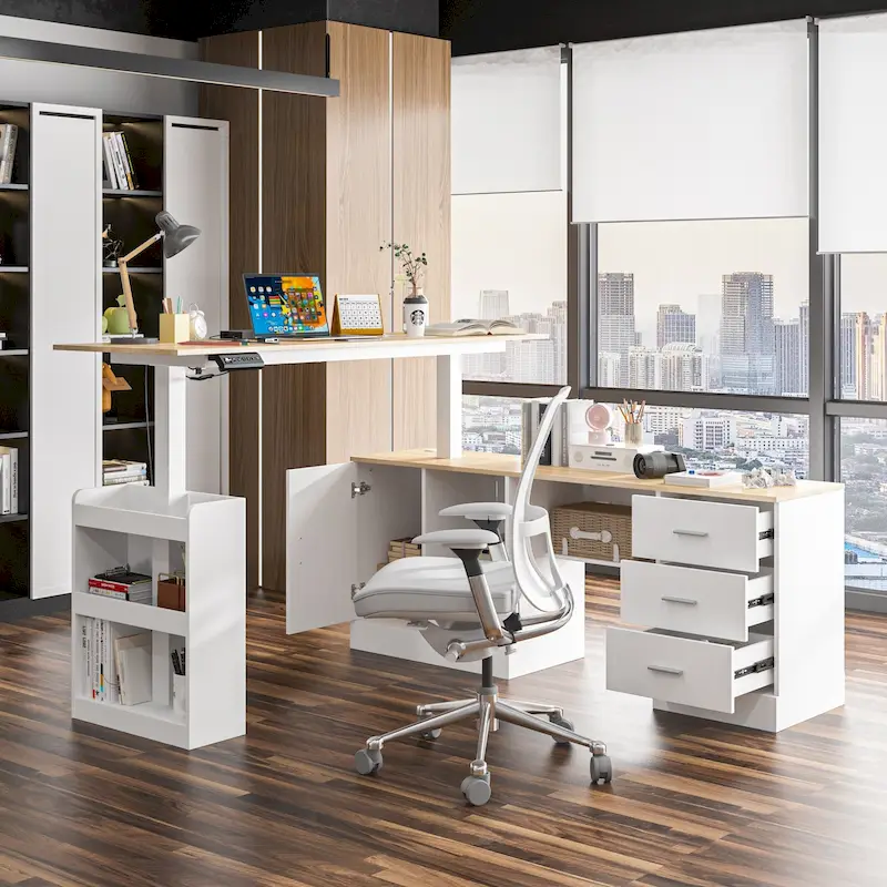 Height-Adjustable Office Desk with Built-in Cabinet & Drawers – White/Wood / Black/Wood – 1-Person