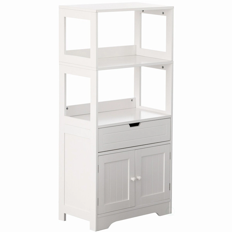 Tall Freestanding Wooden Storage Vanity, Kitchen Pantry, and Bathroom Cabinet Organizer, A drawer and 2 Door Cabinet, White