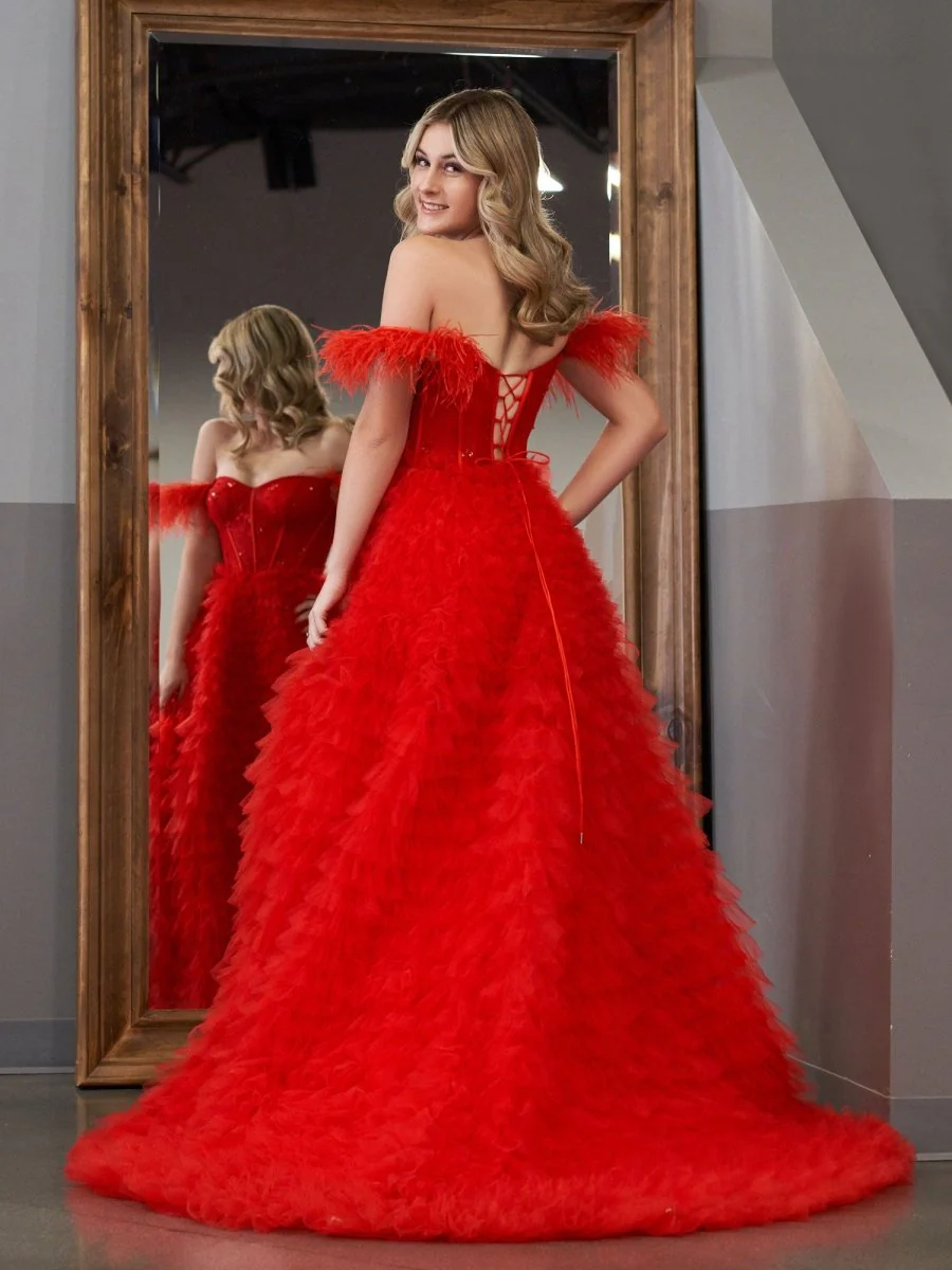 A Line Sweetheart Tiered Tulle Long Prom Dress With Slit