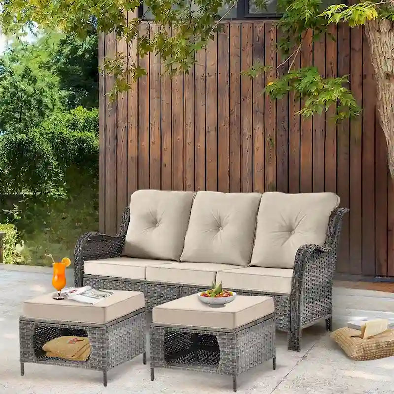 3 Piece Patio Sofa Set-Wicker Outdoor Sofa Sets with Storage Ottoman