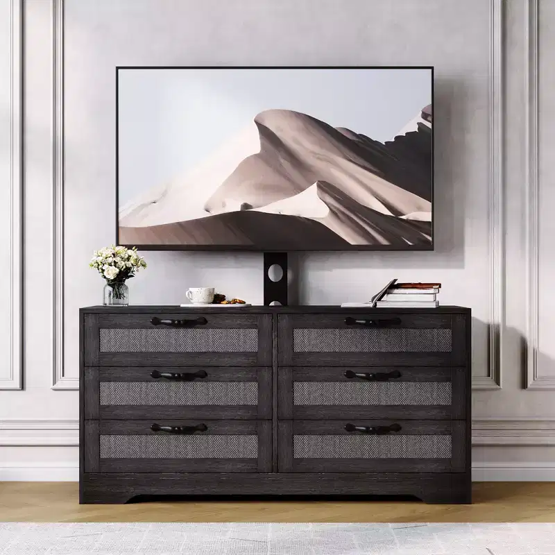 TV Stand with Mount  47.2 Modern Entertainment Center, 6-Drawer Rattan Dresser for 32-85 Inch TVs, Media Console Table with Storage for Living Room