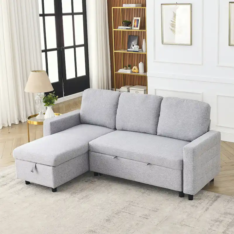 FX 78.8   Reversible Sleeper Combo Sofa with Pullout Bed, Comfortable Linen L-Shaped Combo Sofa Sofa Bed, Living Room Furniture S