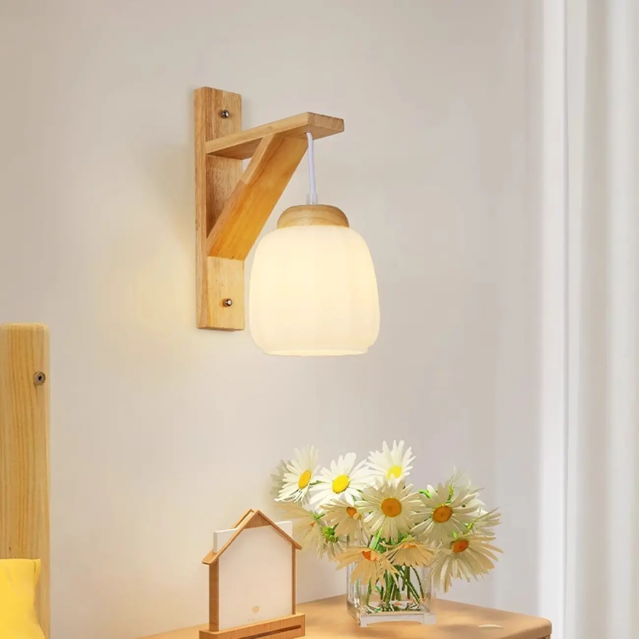 Indoor Mini Wall Sconce with Fabric Shade & Wooden Frame