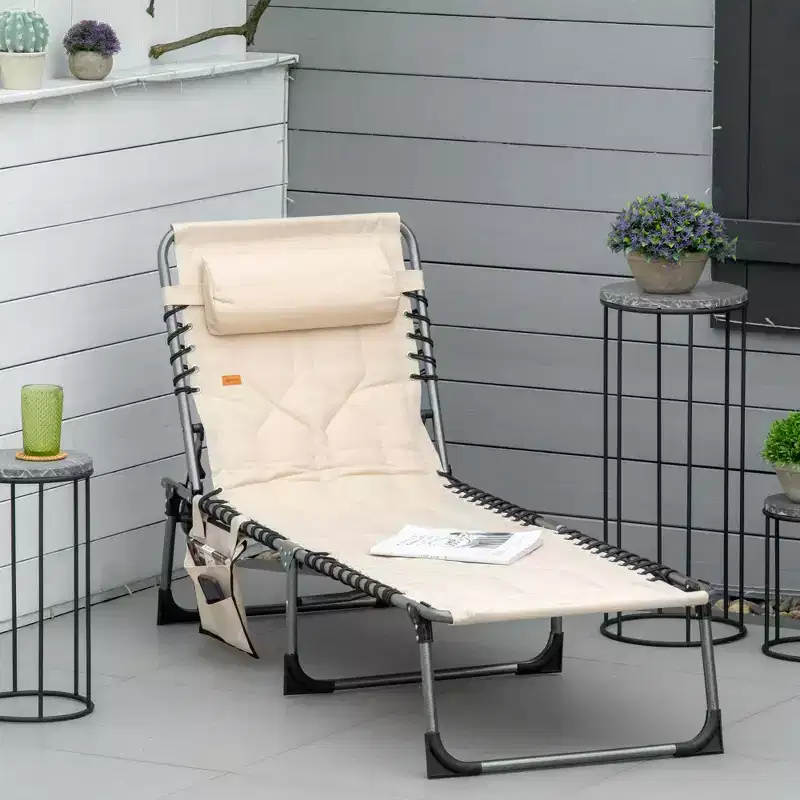 Padded Folding Chaise Lounge Chair, Outdoor 6-Level Reclining Camping Tanning Chair with Headrest for Beach, Patio, Pool