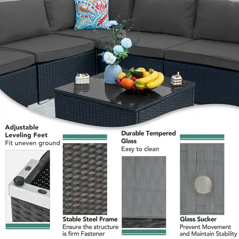 7-Piece Wicker Patio Conversation Set with Cushions and Glass Table
