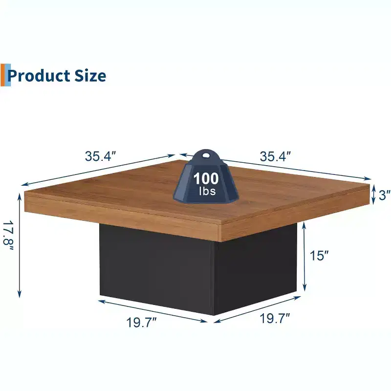 Square Coffee Table, 16-Color LED Living Room Tables, Modern Coffee Tables, Cocktail Table for Home Office, Apartment, Reading Room, Easy Assembly
