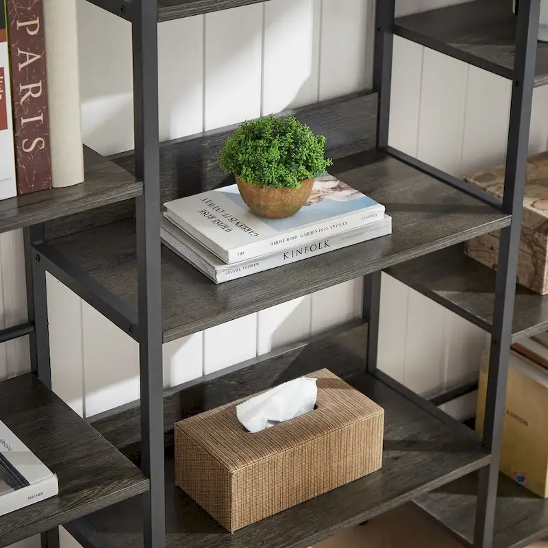 Triple Wide 5-shelf Bookshelves Industrial Retro Wooden Style Home and Office Large Open Bookshelves