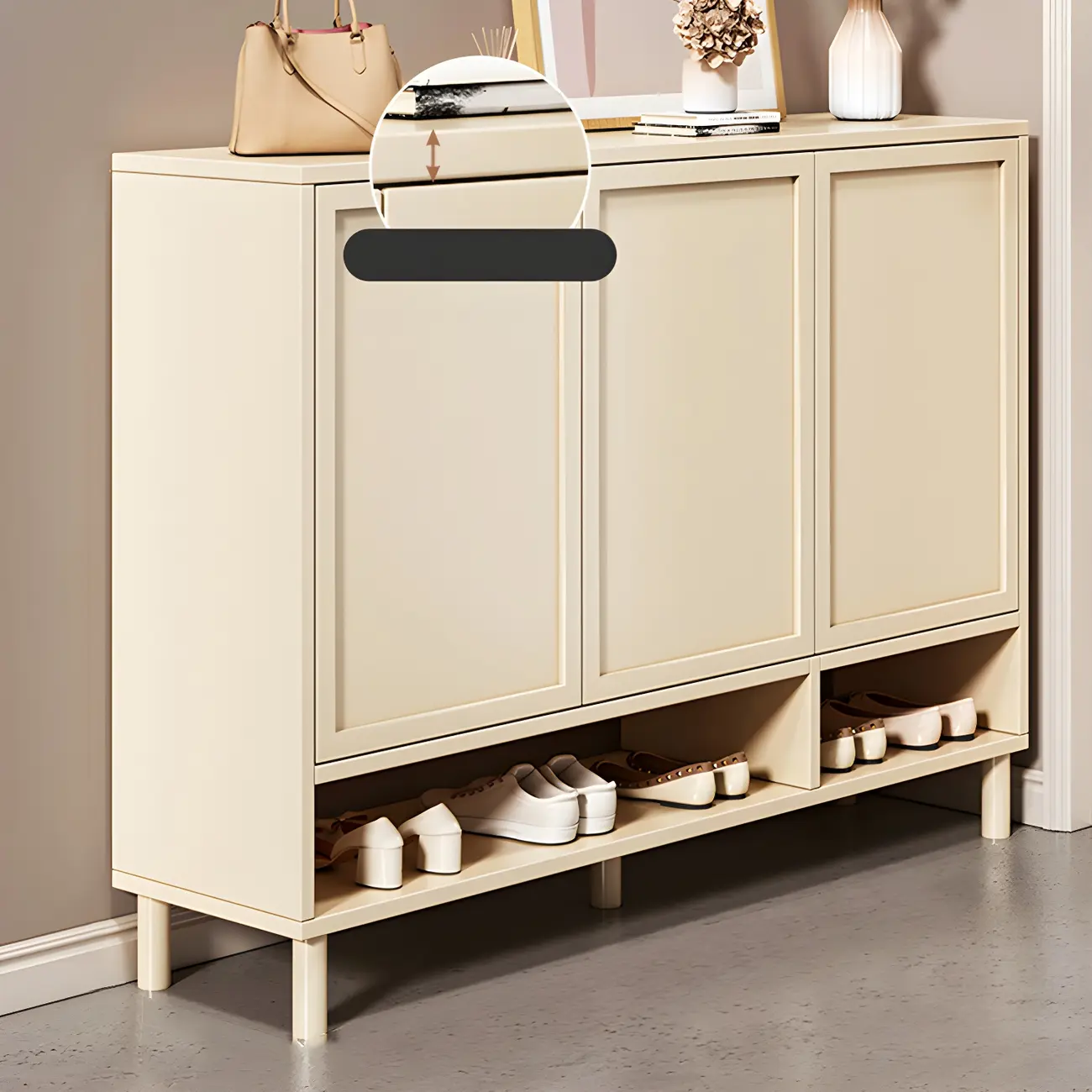 Cream White Wood Shoe Cabinet with Shoe Lattice