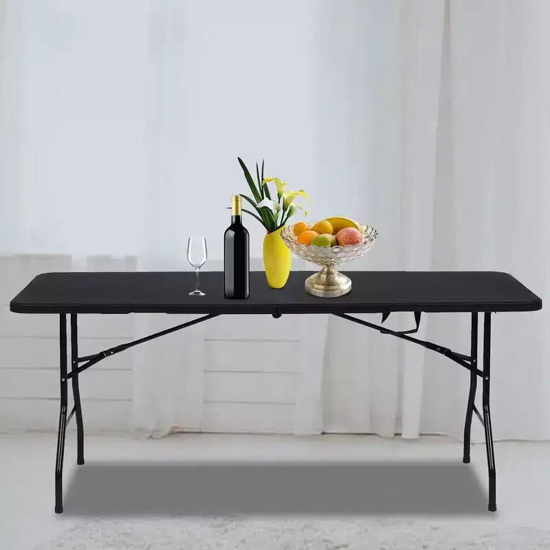 6 Foot Portable Folding Table HDPE Plastic Indoor Outdoor Fold-in-Half Black Seats 8 to 10