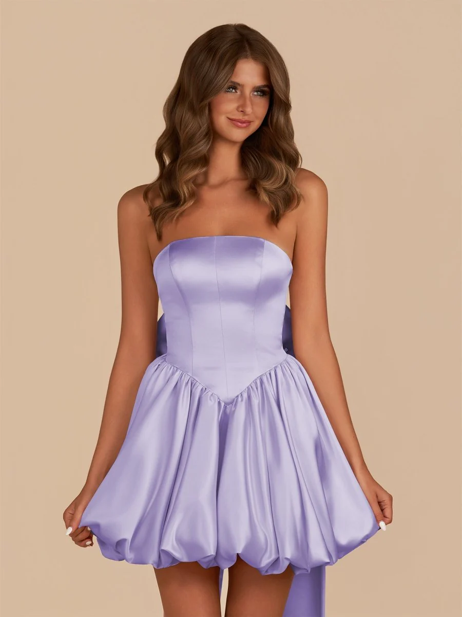 Lavender Strapless Satin A-Line Short Homecoming Dress with Bow