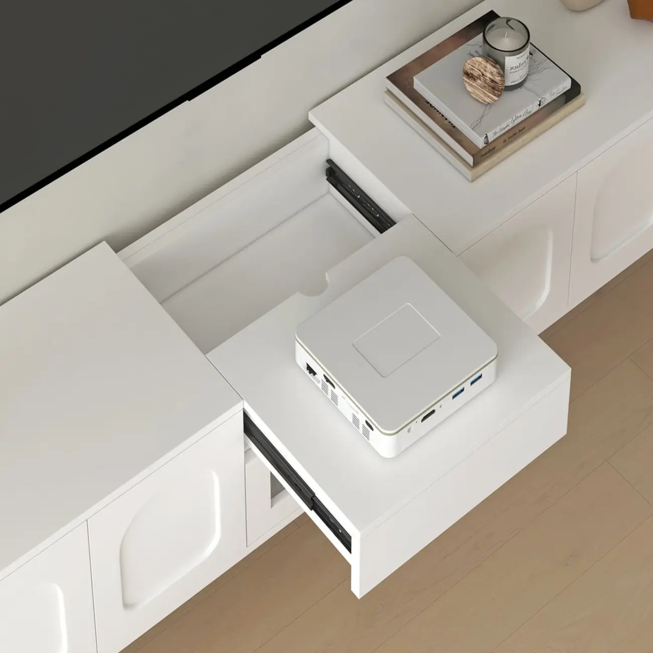 Modern Long Floating White TV Stand with Drawers